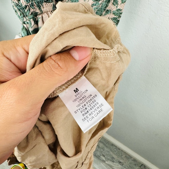 Dress Forum Los Angeles Beige Leaf Print Smocked Tiered Tie Knot Straps Dress - Picture 7 of 8